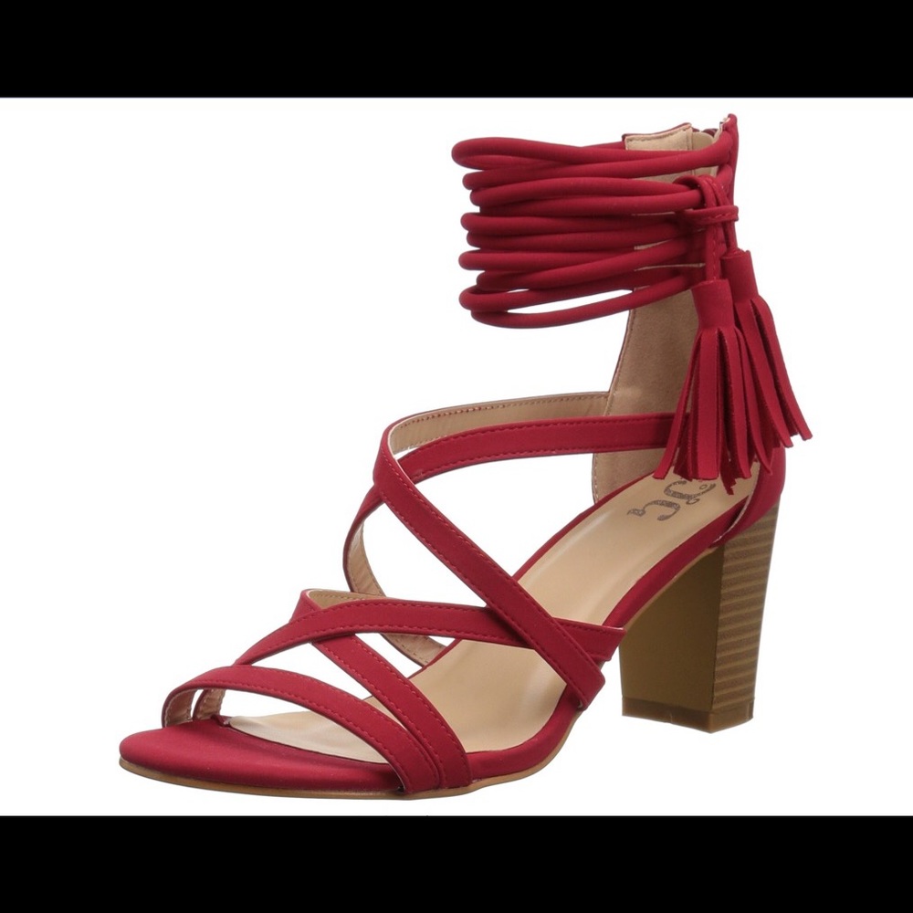 Red Tassel Strapy Chunky Heels Sandals 8.5M NWB